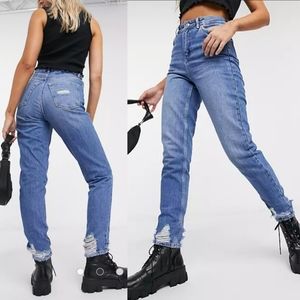 Topshop "Mom" Distressed Hem High Rise Straight Leg Blue Jeans | Women's Size 28
